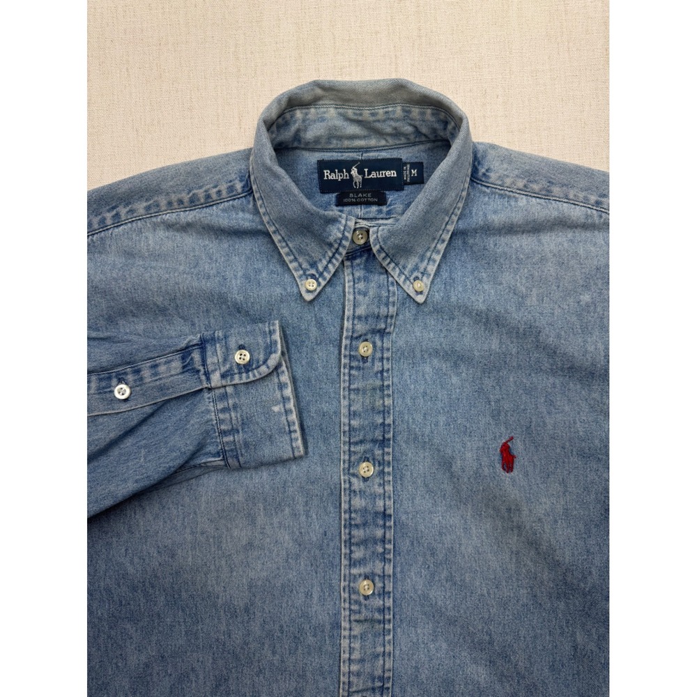 VTG Ralph Lauren Blake Denim Shirt Mens M Light Wash Cotton Button Down Blue